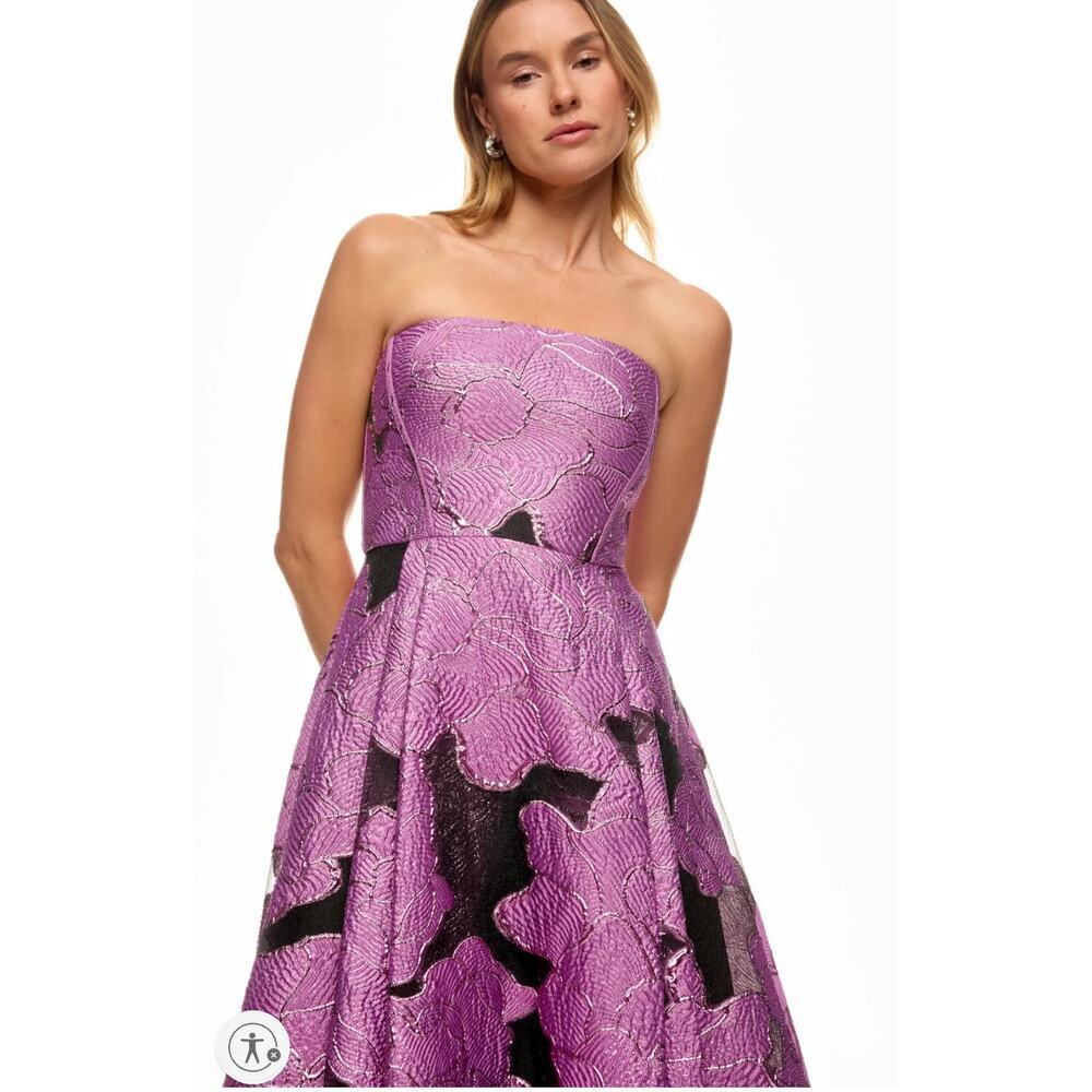 ML Monique Lhuillier Pink Black Floral Elle Strapless Midi Dress